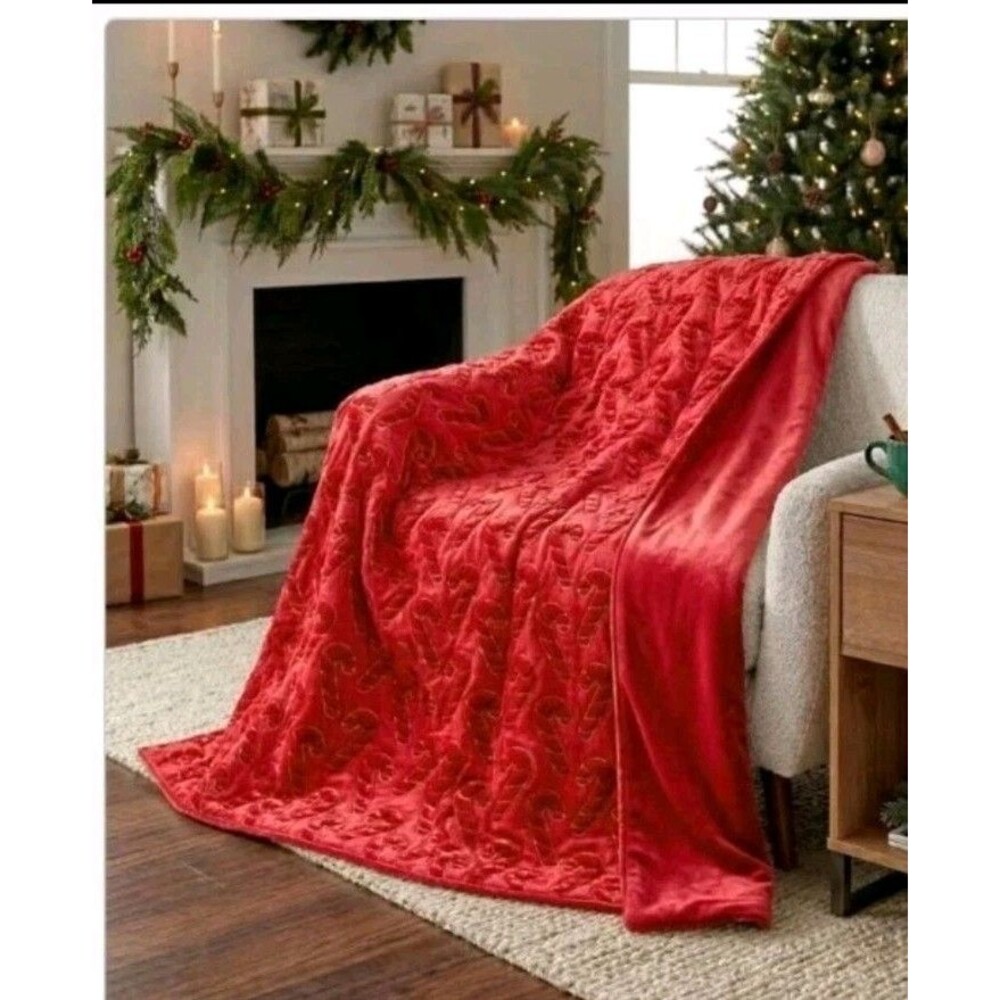 Embroidered Faux Fur Throw Blanket Red Candy Cane Christmas Holiday 60 x 70 in
